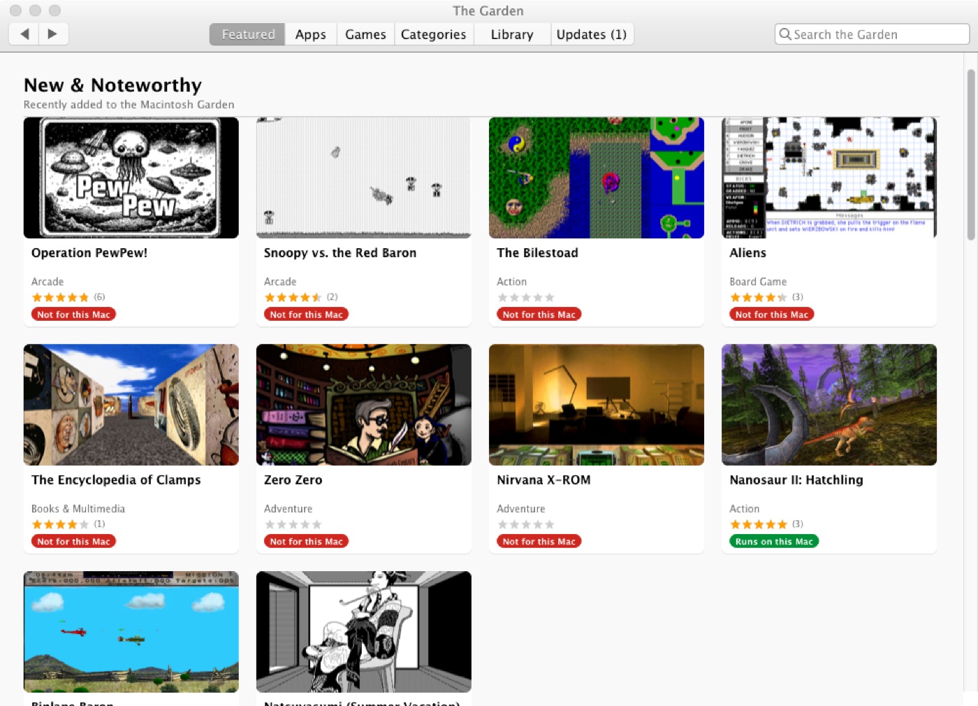 The Garden's Featured page, a grid of New and Noteworthy titles with ratings