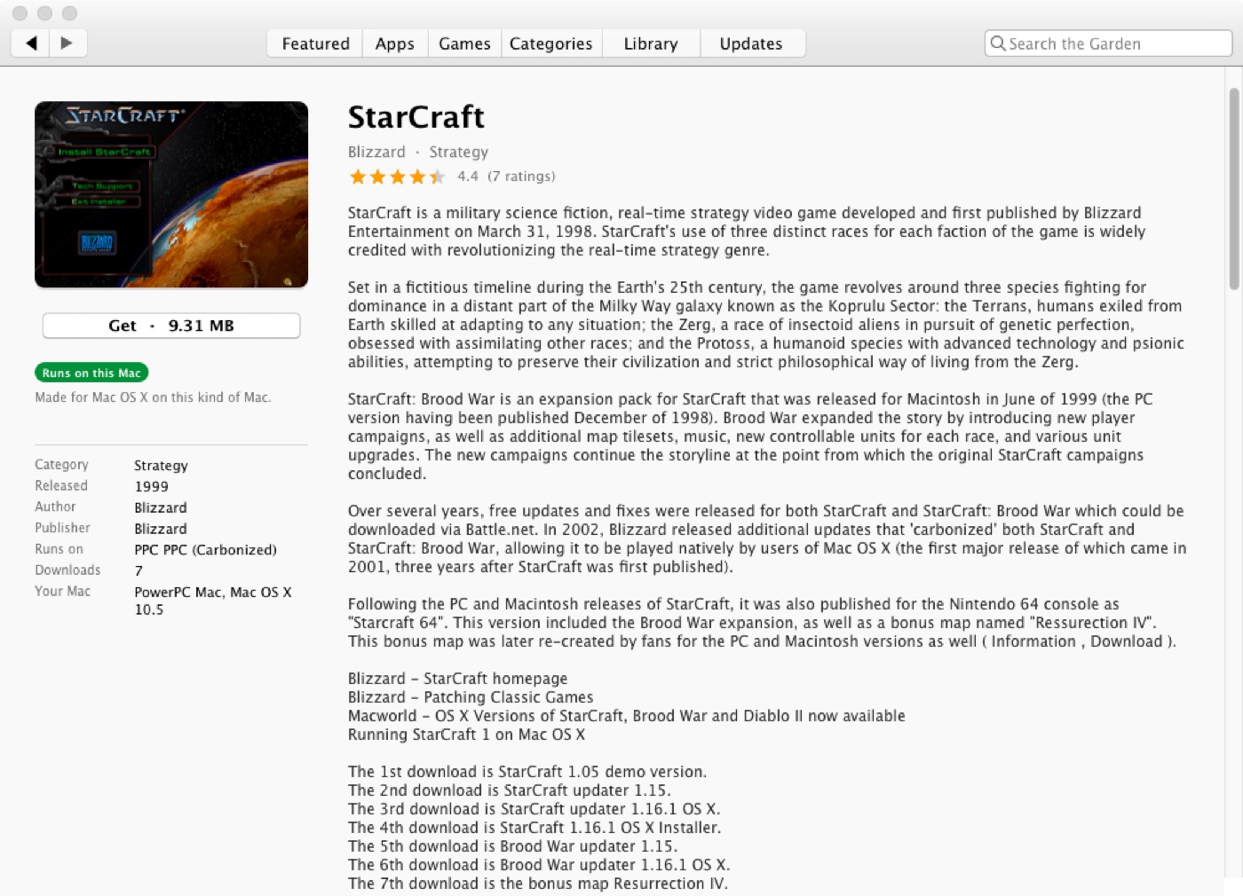 A game's item page, with screenshots, rating and every download listed
