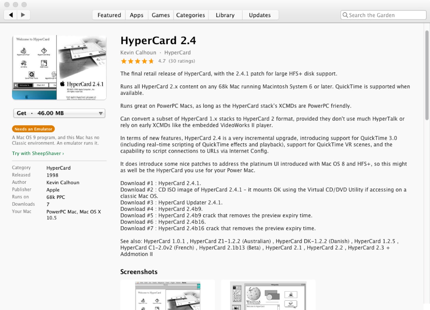 HyperCard's item page in The Garden