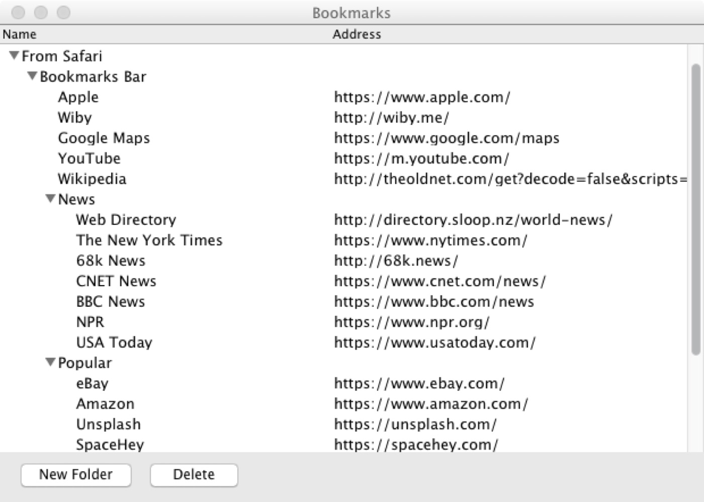 The bookmarks window, with folders