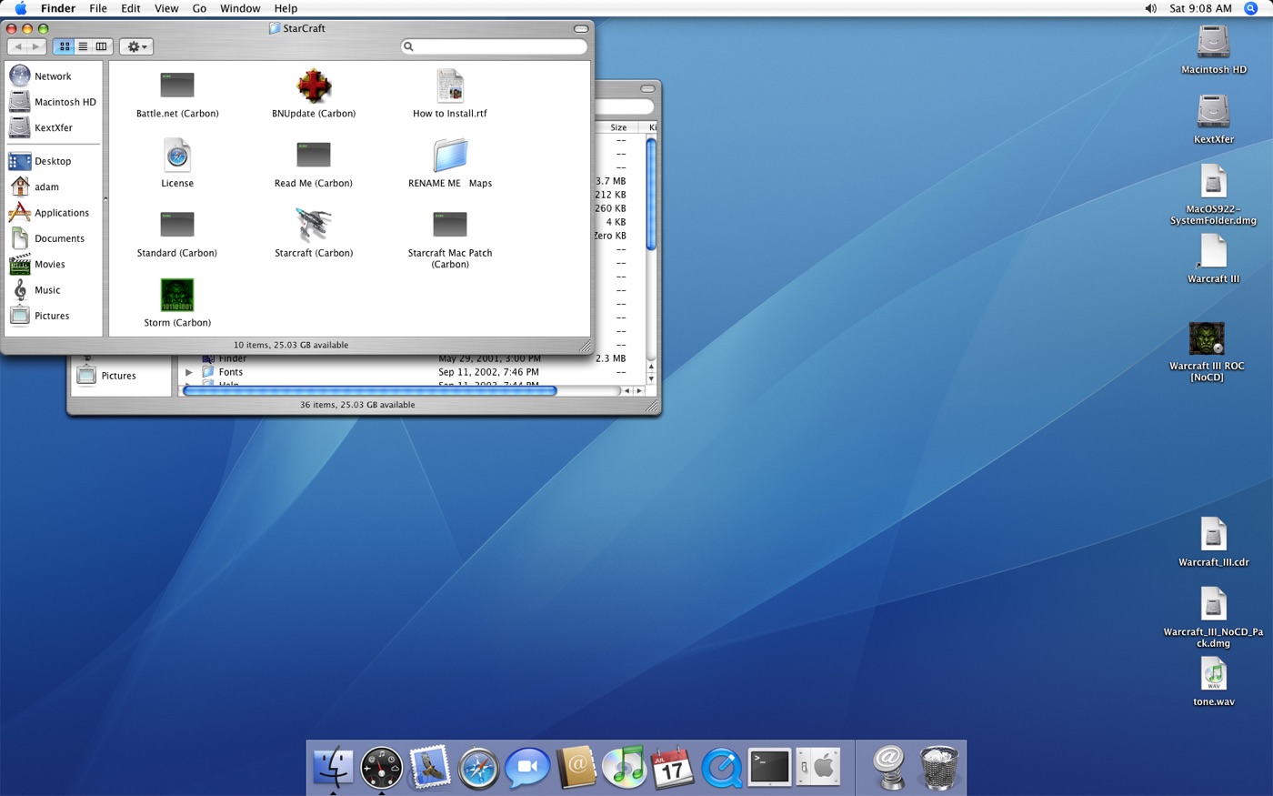 A Mac OS X Tiger desktop with a Finder window of StarCraft files and the Dock