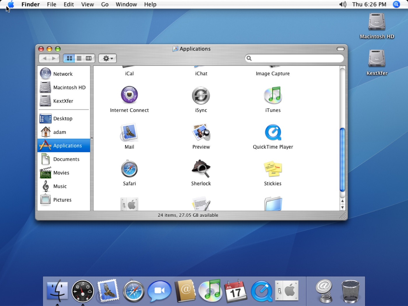 The Applications folder in Tiger, showing Safari, iTunes, Mail and iCal