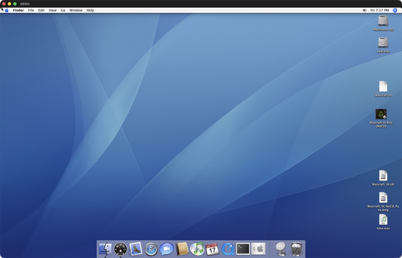 A clean Tiger desktop running in a window on a modern Mac