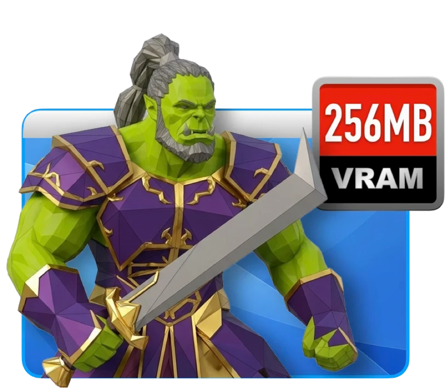 A 3D game character beside a 256MB VRAM badge